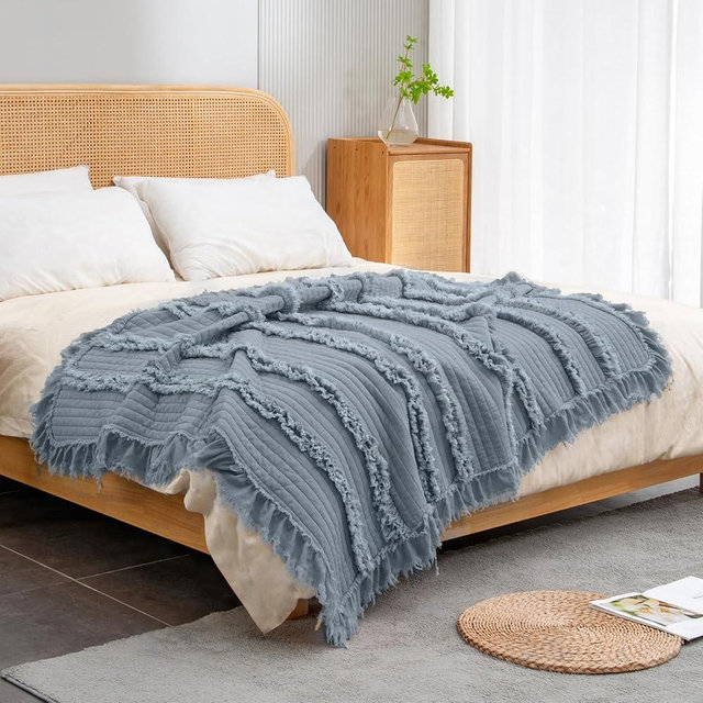 Ultra Soft Pre-Washed Quilted Boho Dark Blue Twin Size Blankets for Bed, Ruffle Fringed Decorative Throw, Stone Washed Chic Rustic Blanket for Sofa Couch Bed, 60"*80"