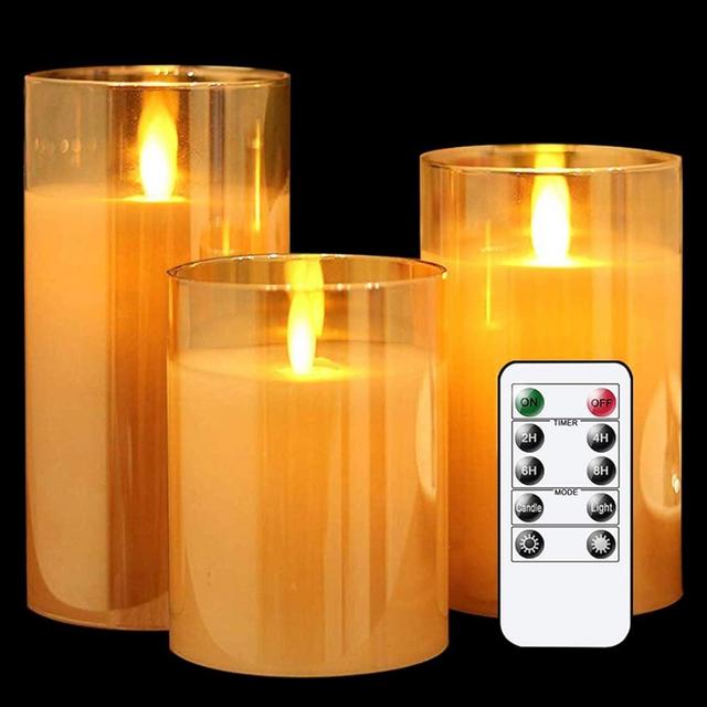 GenSwin LED Flameless Flickering Battery Operated Candles with Remote Timer, Real Wax Moving Wick Pillar Glass Candles for Festival Wedding Christmas Home Party Decor(Gold, Pack of 3)