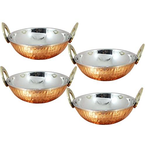 Avs Stores Set of 4, Pure Copper, Stainless Steel Bowls with Solid Brass Handle Serveware Accessories Karahi Pan for Indian Food,Diameter- 7 Inches