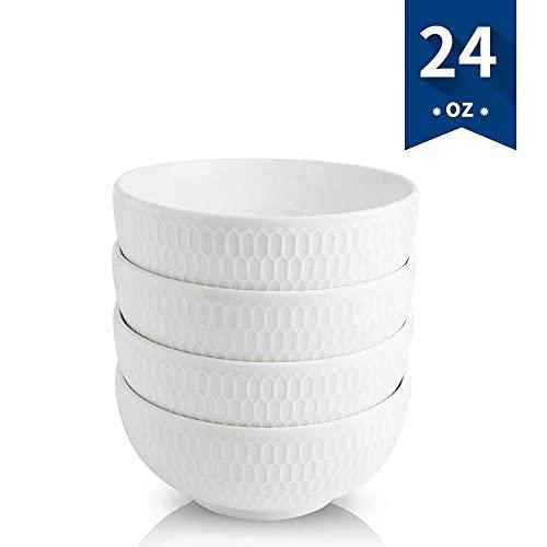 KOOV Porcelain Embossed Cereal Bowl, 24 Ounce Soup Bowl Set, For Oatmeal Breakfast, Chip, Rice Serving Bowl, Set of 4 (Embossed White)