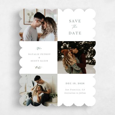 White Scalloped Wedding Save the Date - Verde Portrait