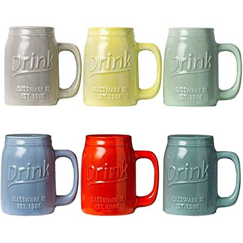 Set of 6 Novelty Mason Jar Mugs with Handle - Ceramic, Multicolor Mugs for Coffee, Tea and More - 15oz Embossed"Drink" Decorative Mason Jar Mugs for Beer - Farmhouse Kitchen Décor