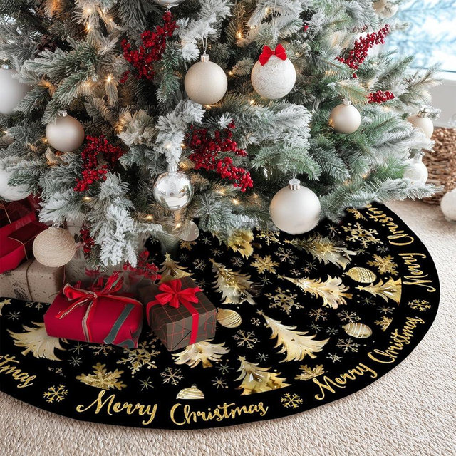 CROWNED BEAUTY Merry Christmas Tree Skirt Collar 48 Inch Xmas Trees Snowflakes Soft Farmhouse Holiday Decoration (Gold & Black) TS26