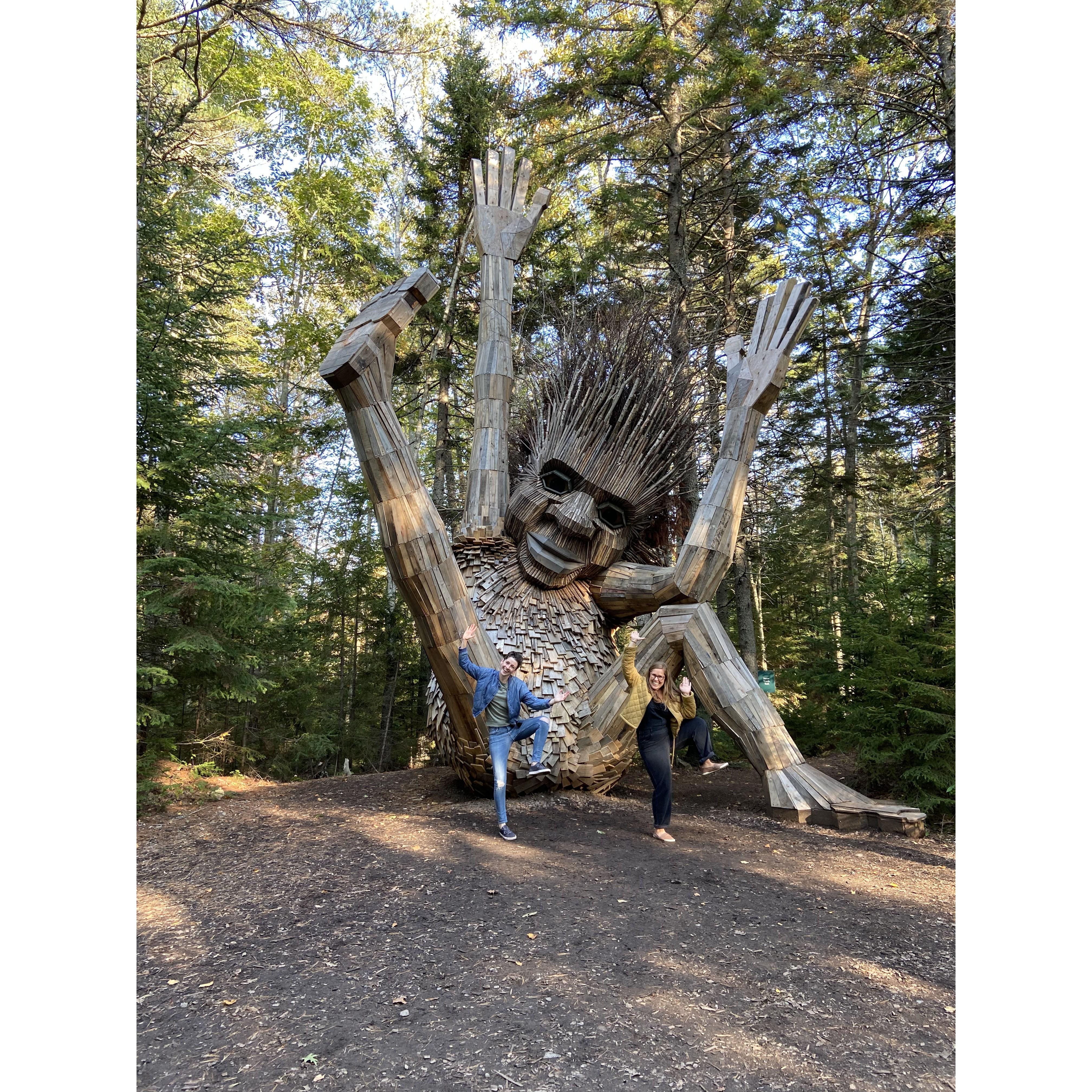 Us with Søren, one of the playful trolls in the Coastal Maine Botanical Gardens