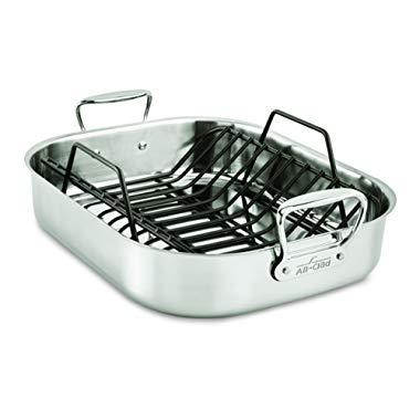 All-Clad E752C264 Stainless Steel Dishwasher Safe Large 13-Inch x 16-Inch Roaster with Nonstick Rack Cookware, 16-Inch, Silver