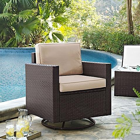 Modern Marketing Palm Harbor All-Weather Resin Wicker Swivel Rocker Chair with Cushions in Sand