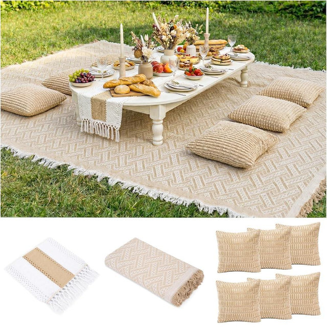 Extra Large Outdoor Boho Picnic Blanket with Table Runner and 6 Throw Pillows Covers for Outdoor Essentials Beach Accessories Garden Party Decoration Patio Park Lawn Grass Ground Festival Mat Beige XL