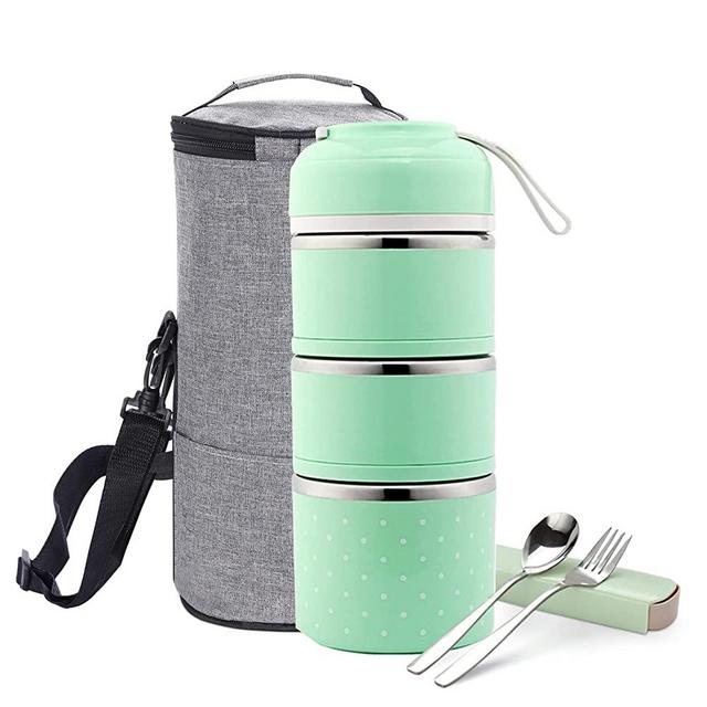 YBOBK HOME 3-Tier Stackable Lunch Box,Stainless Steel Thermal Bento Lunch Containers For Adults,Leakproof Portable Food Container With Insulated Lunch Bag & Utensil (Green 57oz)