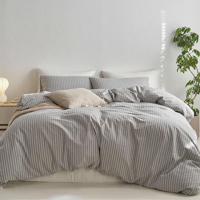 MooMee Striped Duvet Cover Set 100% Washed Cotton Linen Like Textured Breathable Durable Soft Comfy (Light Grey White Wide Stripes, Super King Plus 120"x120")