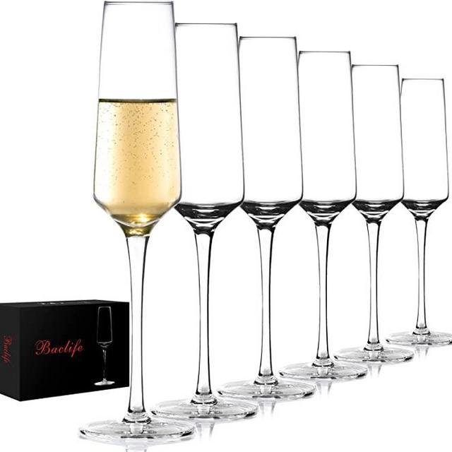 BACLIFE Champagne Flutes - Hand Blown Elegant Champagne Glasses Set of 6 - Unique Gift for Birthday,Wedding, Anniversary - Ideal for Wine Tasting,Daily Use - 7 oz, Clear