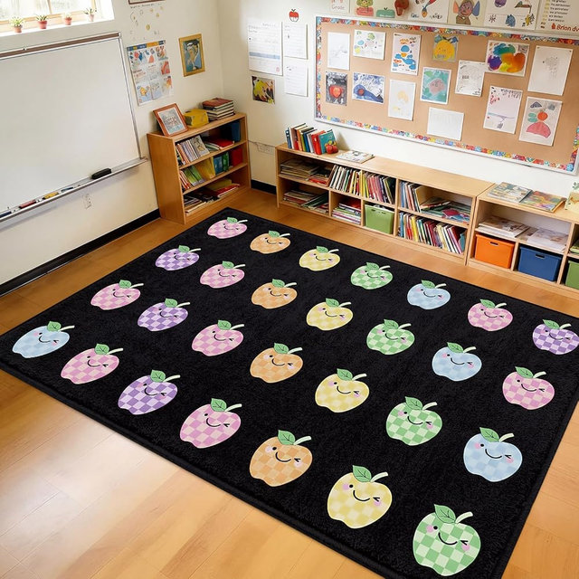 Breling Pastel Apple Theme Rug 7'6" x 12' Large Classroom Rug Fun Durable School Daycare for Learning Centers Daycares Primary Kindergarten Learning Play Group Activities Back to School Decor