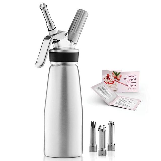 Professional Whipped Cream Dispenser - Highly Durable Aluminum Cream Whipper, 3 Various Stainless Culinary Decorating Nozzles and 1 Brush - Whip Cream Canister with Recipe Guide - Homemade Cream Maker