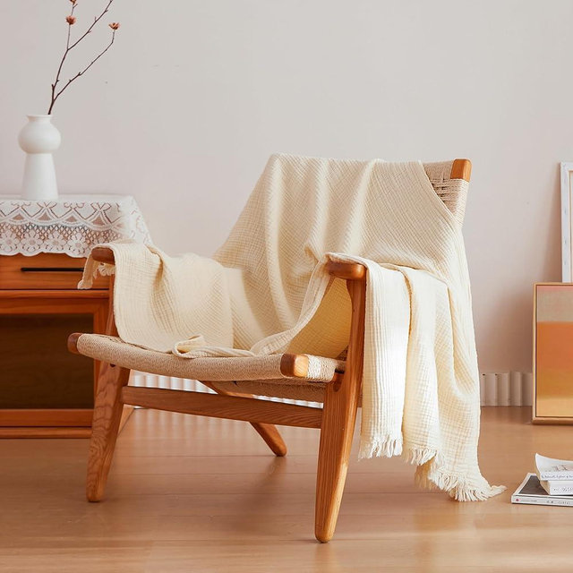 Simple&Opulence Cotton Muslin Throw Blanket 4 Layers for Bed, Couch, Woven Gauze Blanket with Tassels, Soft Lightweight Cozy Pre-Washed Breathable Farmhouse Decoration for All-Season(White)