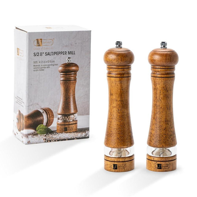 JF JAMES.F Wooden Salt and Pepper Grinder Set, 8 inch Rubber Wood Salt and Pepper Mills Set of 2 with Acrylic Visible Window & Adjustable Ceramic Rotor