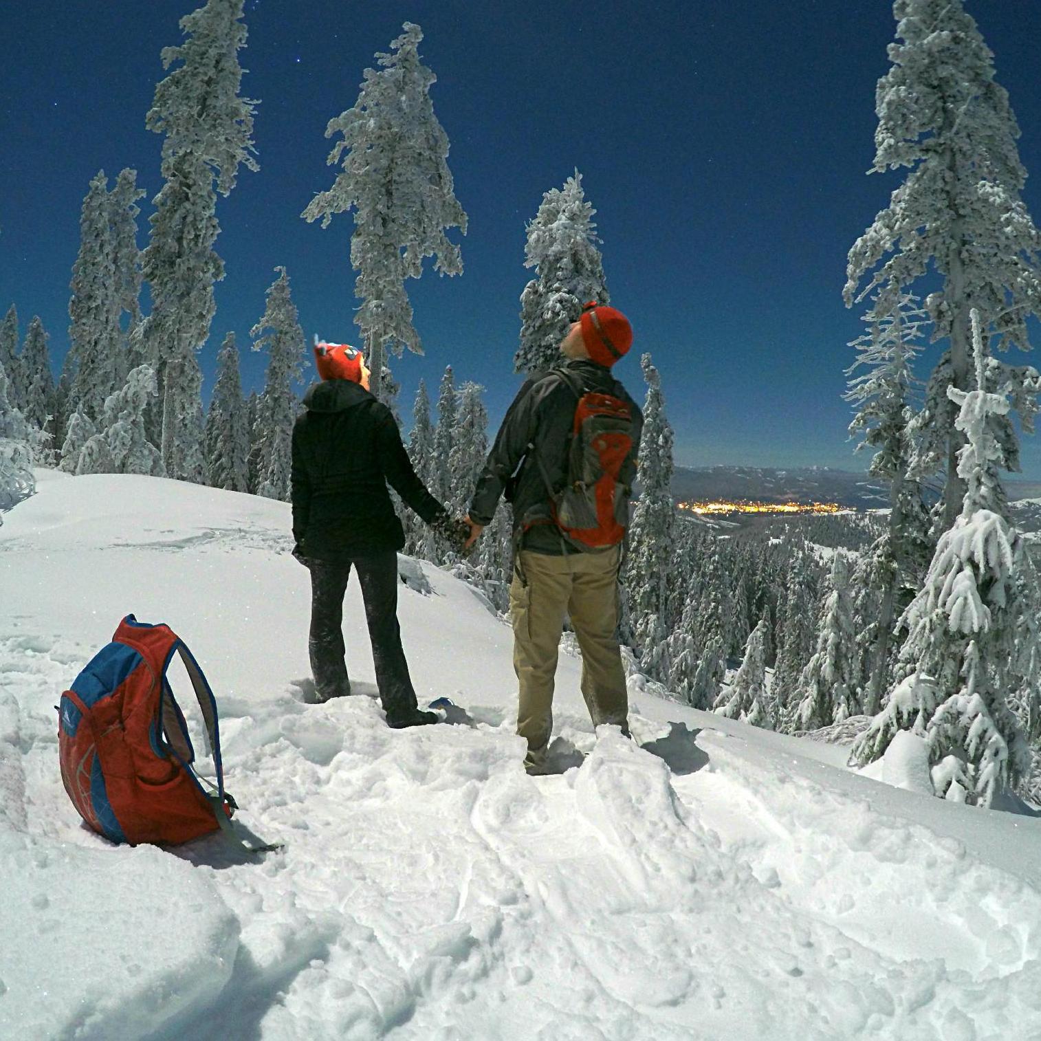How we spent our first Christmas Eve together, snowshoeing high into the mountains at midnight, the lights of Southern Oregon below.