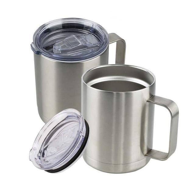 JIESSIWILL 12 oz Stainless Steel Insulated Coffee Mug with Handle, Double Wall Vacuum Insulated Tumbler Cup with Lid for Ice Drink, Hot Beverage (Stainless Steel, 2 Pack）