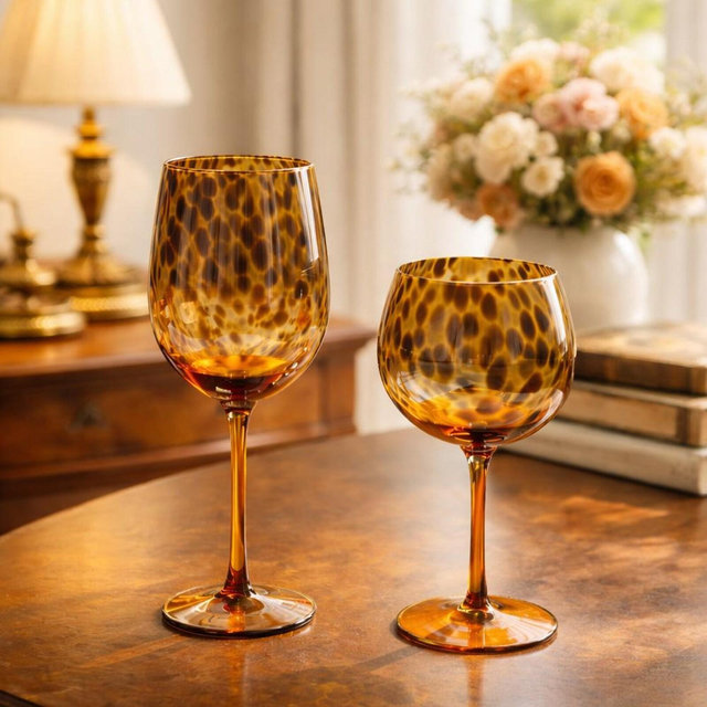 Leopard Print Wine Glasses, Vintage Wine Glass, 2 Hand Blown Wine Glasses, Stemmed Glasses, Couple Gift, Birthday Gift, Anniversary Gift