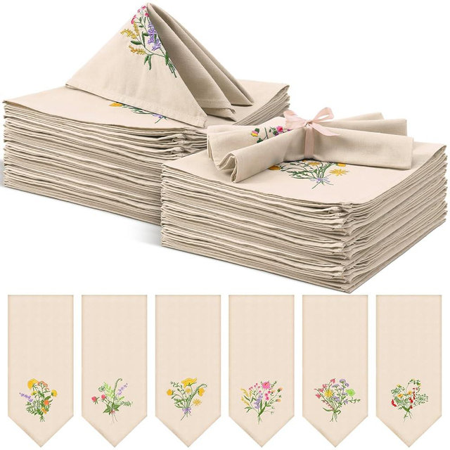 Tioncy 12 Pcs Elegant Floral Cloth Napkins Linen Embroidered Wildflower Tea Cocktail Dinner Napkins Bulk for Wedding Bridal Shower Party Housewarming Gifts Botanical Farmhouse Decor (Linen)
