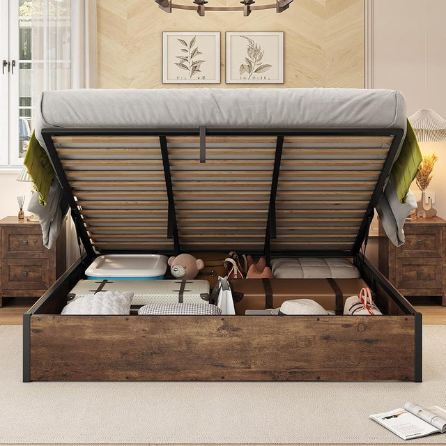 AMERLIFE Lift Up Storage Bed, King Bed Frame with Storage Underneath, Wooden Platform Bed Frame, Solid Wood Slats Support, No Fixed Headboard, No Box Spring Needed, Rustic Brown
