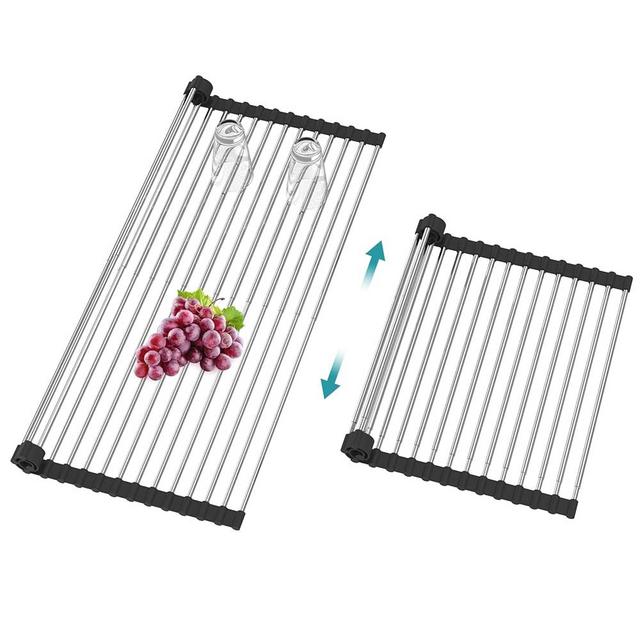 BBXTYLY Extra Expandable Roll Up Dish Drying Rack,Over The Sink Drying Rack Sink Cover Kitchen Sink Accessories Kitchen Rolling up Stainless Steel Drainer, Foldable,Rollable（Black，22.8''-12.4''）