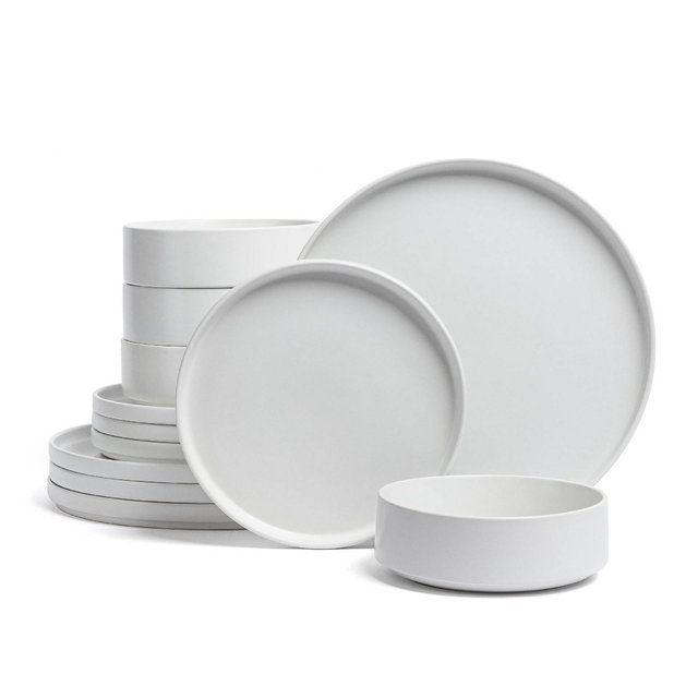 over&back 12pc Stackable Hand-Finished Stoneware Dinnerware Set Semi-Matte White: Microwave & Dishwasher Safe, Service for 4