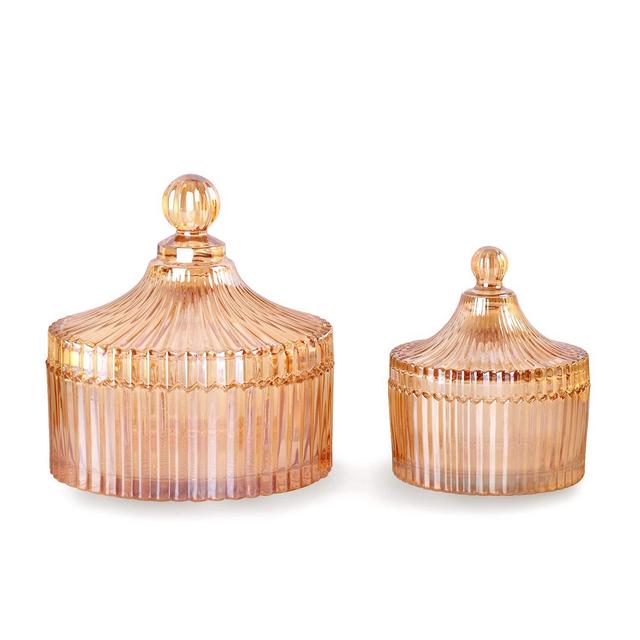 R FLORY Glass Jars Bathroom Organizer Qtip Holder Vanity Canister Jar Glass Lid Cotton Swabs Container 2 PCS/Set (Amber)