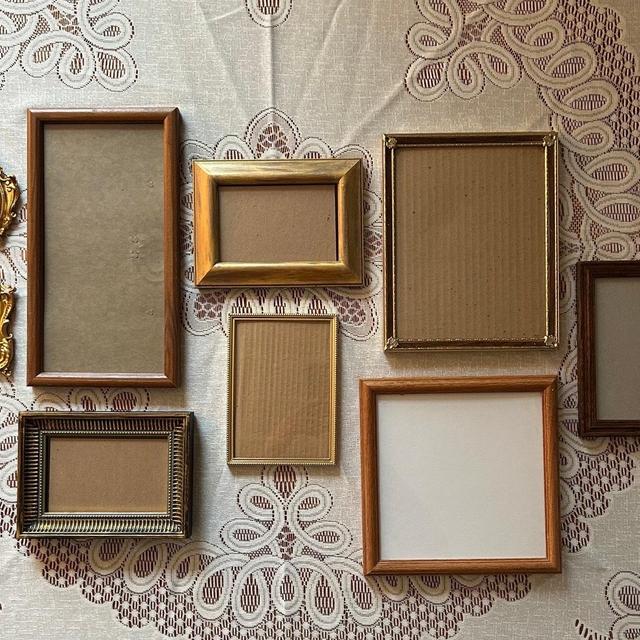 Gallery wall mixed set gold silver bronze tone frames with wood grain frames