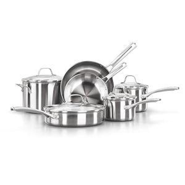 Calphalon Classic Stainless Steel Cookware Set, 10-Piece, Impact-Bonded Aluminum Base, Stay-Cool Handles, Oven Safe 450F, Silver