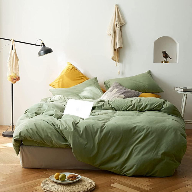 Avocado Green Duvet Cover Jersey Knit Cotton Bedding Set King Solid Color Comforter Cover Modern Style Green Bedding Cover with 2 Pillowcases Luxury Soft T Shirt Cotton Bedding Collection