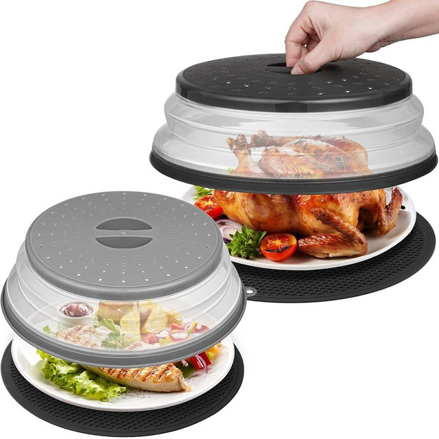 MAGJIUKE 12"&10" Microwave food Cover and Mat,Large Vented Collapsible Splatter Guard dish Plate lid & Silicone Round Kitchen mat,4 in 1