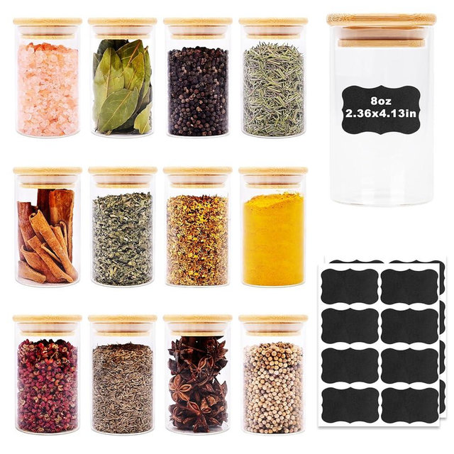 SHOWIN 8oz Glass Food Storage Jars, Glass Jars with Bamboo Lids, Kitchen Storage Jars, Set of 12, Canisters with Airtight Lids for Spice, Coffee, Cookie, Pantry Organizers