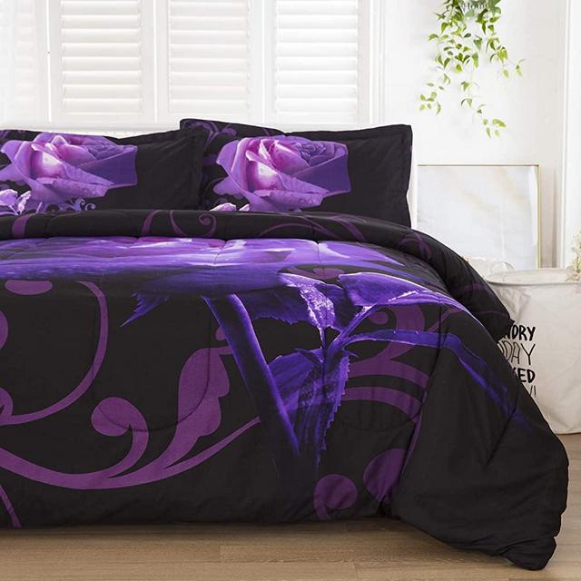 Purple Comforter Set King Reversible Purple Rose Pattern Printed Bedding Down Comforter with 2 Pillowcases for All Seasons, Soft Microfiber Filling Bedding Duvet Set 90"x103"