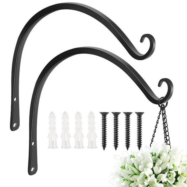 FEED GARDEN 2 Pack 14 Inch Hanging Plant Bracket Wall Hooks Decorative Plant Hangers for Outdoor Hanging Bird Feeders, Wind Chimes, Plant Baskets, Black