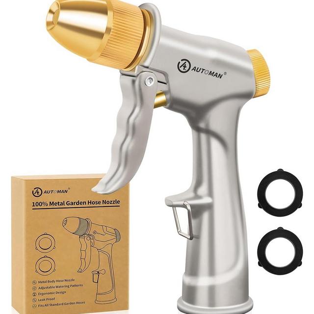 AUTOMAN Garden Nozzle Sprayer, High Pressure Spray Nozzle, 100% Metal Water Hose Nozzle, 4 Patterns Watering Nozzle, Heavy Duty Sprayer Garden Nozzle for Watering Plants & Lawns, Washing Cars & Pets