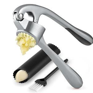 Zulay Kitchen Premium Garlic Press Set - Rust Proof & Dishwasher Safe Professional Garlic Mincer Tool - Easy-Squeeze, Easy-Clean with Soft, Ergonomic Handle - Silicone Garlic Peeler & Brush (Slate)
