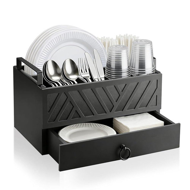 MISTOD Utensil Holder for Kitchen Counter, Wood Paper Plate Holder Dispenser with Drawer, Black Utensils Cutlery Caddy Silverware Flatware Organizer for Party