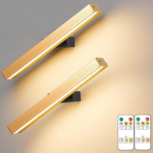 FRITOUVIA Battery Operated Wall Sconces Set of Two, Magnetic Brushed Gold Picture Lights for Wall, 3 Colors Dimmable Rechargeable Wall Lights with Remote, Wall Lights for Bedroom (9.84inch)