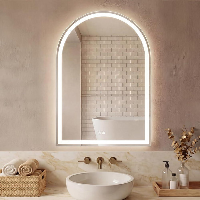 Sweetcrispy 28“×36” LED Bathroom Backlit Mirror with Lights, Arched Vanity Mirror with Anti-Fog, Dimmable, 3-Color Light, Memory Function, Tempered Glass