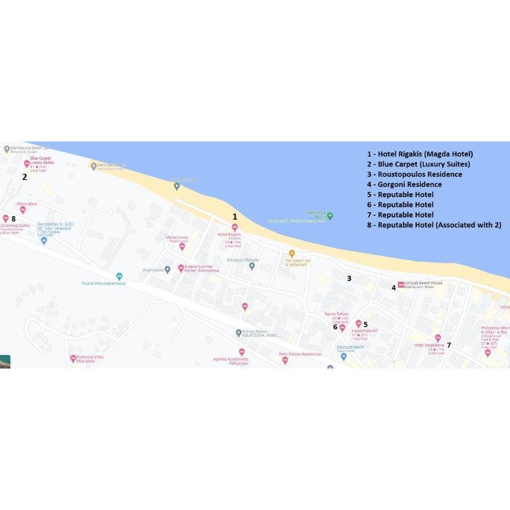 This map shows where the Roustopoulos residence is in relation to where the Gorgoni's have rented accommodations as well as additional hotels near the couple