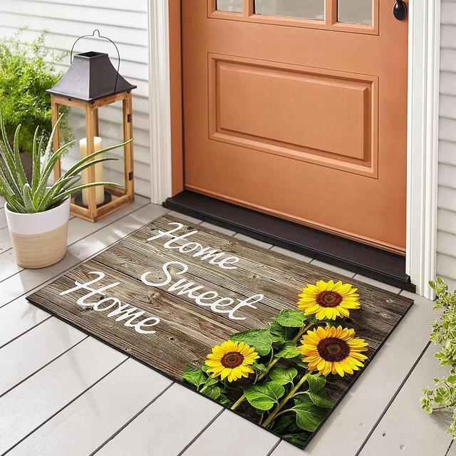 Sunflower Welcome Doormat Summer Door Mat, 17 X 29 Inch Wood Background Flower Spring Summer Decorative Home Sweet Home Entrance Mat Non-Slip Backing Floor Mat for Kitchen Bathroom