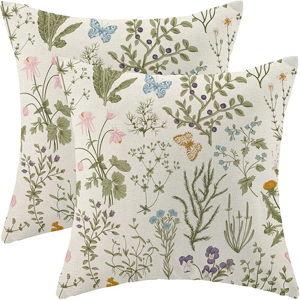 AEIOAE Spring Pillow Covers 18x18 Inch Set of 2,Sage Green Wild Flower Plant Throw Pillows Case,Seasonal Floral Outdoor Decorative Square Linen Farmhouse Decor Cushion Covers for Home Sofa Bed Couch
