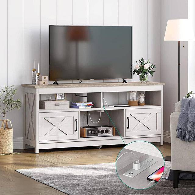 YITAHOME Farmhouse TV Stand for 65 inch with Power Outlet, Mid Century Modern Wood TV Table Farmhouse Media Console with Storage Cabinet and Open Shelves for Living Room, Bedroom, Grey White/Grey Wash