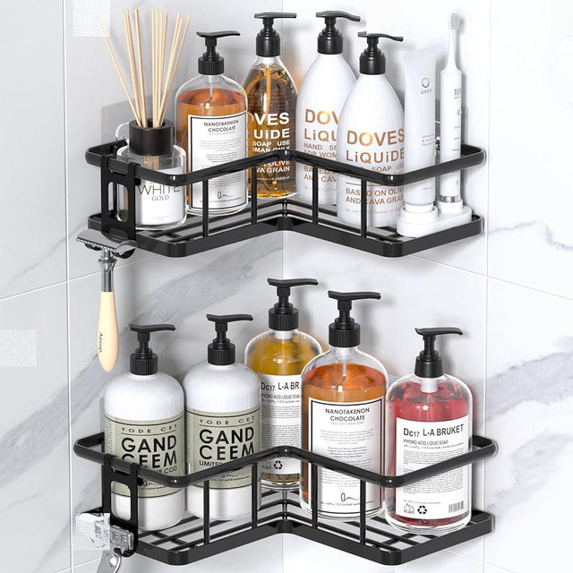 YASONIC Corner Shower Caddy 2 Pack, No Drill Adhesive Shower Storage Shelves, Rustproof Stainless Steel Wall Mounted Bathroom Organizer Shelf with 2 Removable Hooks for Dorm & Renters, Black