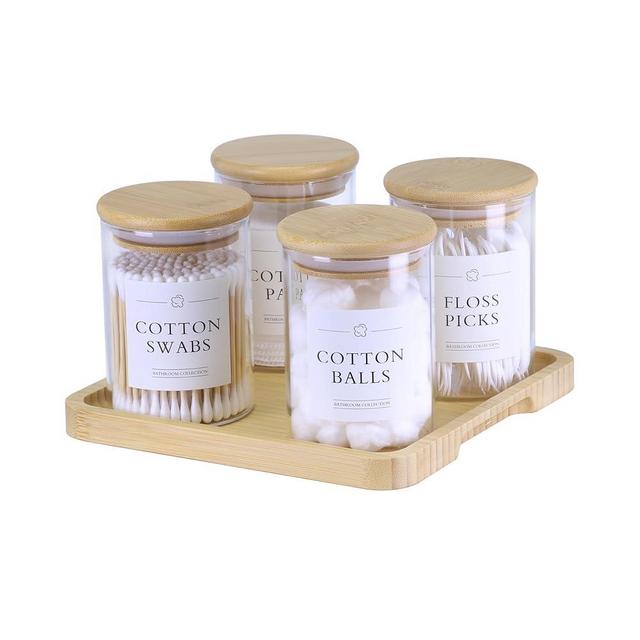 INIUNIK Qtip Holder with Vanity Tray - 4 Pack Glass Apothecary Jars with Lids, Cotton Ball Swab Pad Floss Pick Holder, Bathroom Organizers Jars Containers Canisters Accessories Set