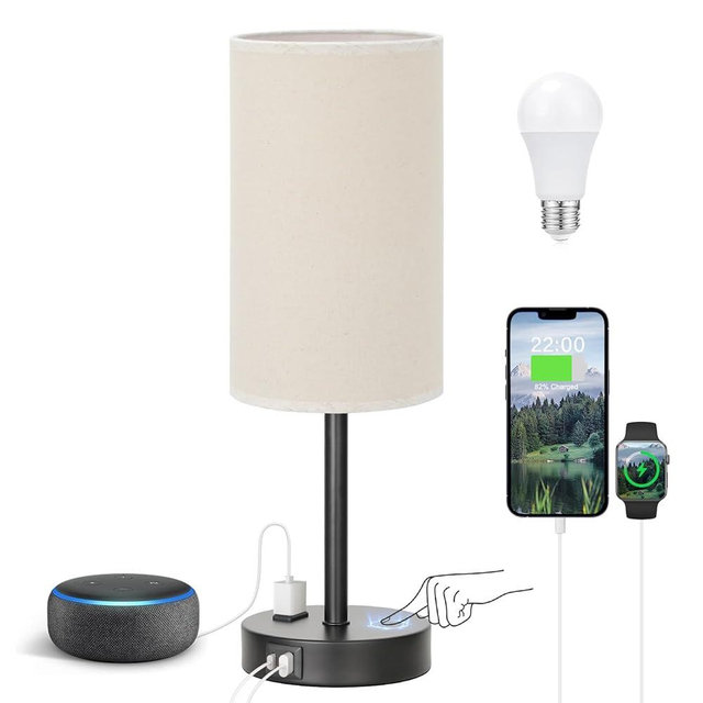 Fenmzee Touch Table Lamp - Beige, 3-Way Dimmable, USB A + C Charging, AC Outlet, 17.4inch Medium, Black Metal Base