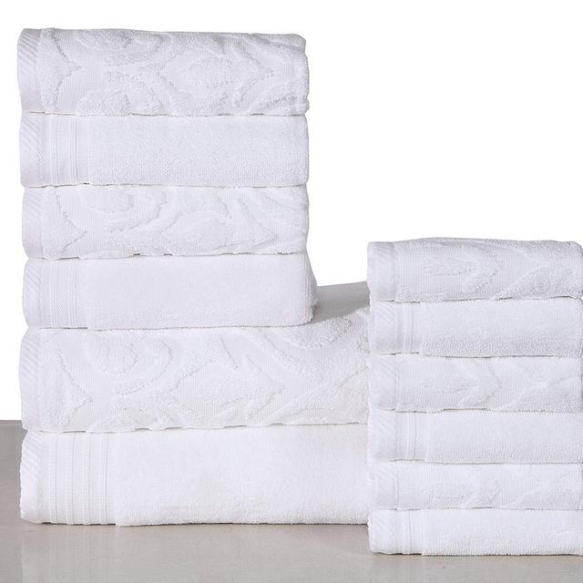 Panache Collection - 600 GSM Cotton 12 Piece Towel Set (White): 1 Jacquard and 1 Solid Bath Towel, 2 Jacquard and 2 Solid Hand Towels, 3 Jacquard and 3 Solid Washcloths, Long-Staple Cotton, Absorbent, Machine Washable