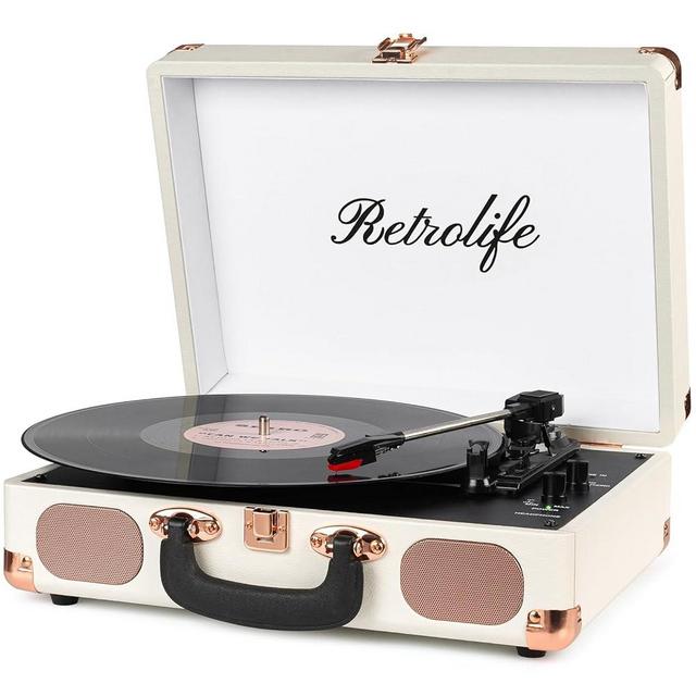 Turntable Vinyl Record Player 3-Speed Suitcase Portable Belt-Driven Record Player with Built-in Speakers RCA Line Out AUX in Headphone Jack Vintage White
