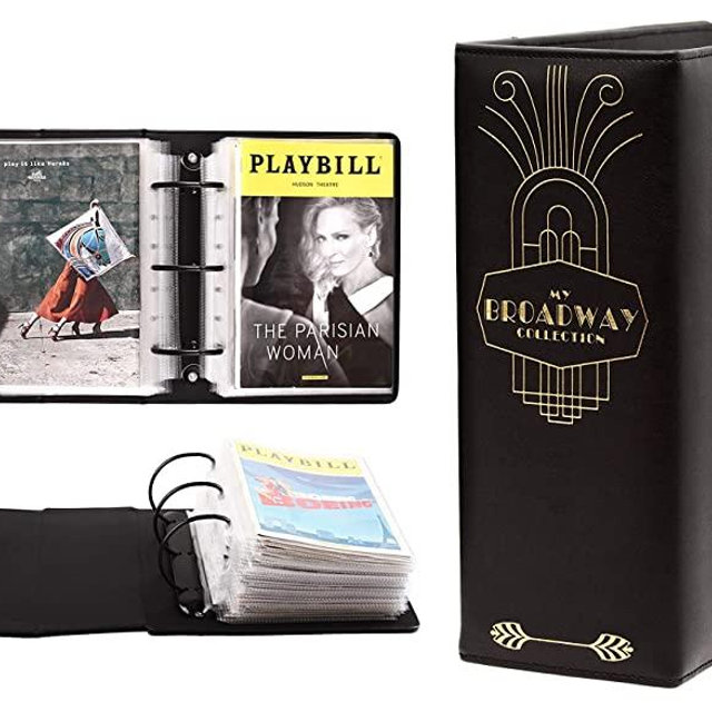 Broadway Play Program and Theater Playbill Binder with 30 Custom Sheet Protectors - PU Leather - Fits Playbills from Mid 1980s to Modern (Black/Gold Foil)