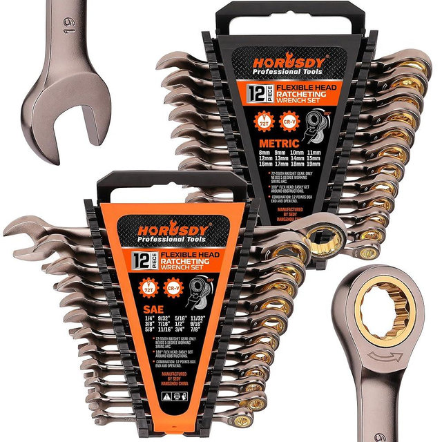 HORUSDY 24-Piece Ratcheting Wrench Set | Metric and SAE | Ratchet Combination Wrenches Set with Organizer | 72-Teeth | Chrome Vanadium Steel | 8-19 mm & 1/4” to 7/8“