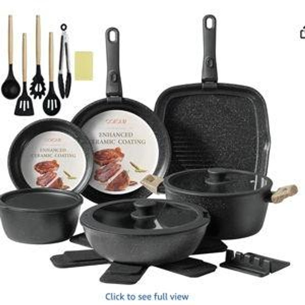 23Pcs Ceramic Cookware Set Non Stick Pots and Pans Set Non Toxic with Detachable Handle Induction Kitchen Cookware Set Space Saving, Oven & Dishwasher Safe, Black
